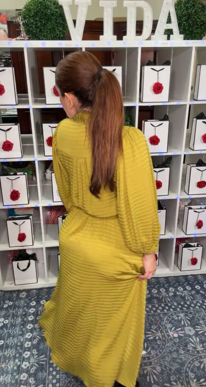 Vestido Mostaza Dijon Satinado Midi Falda Circular Moño (#130)