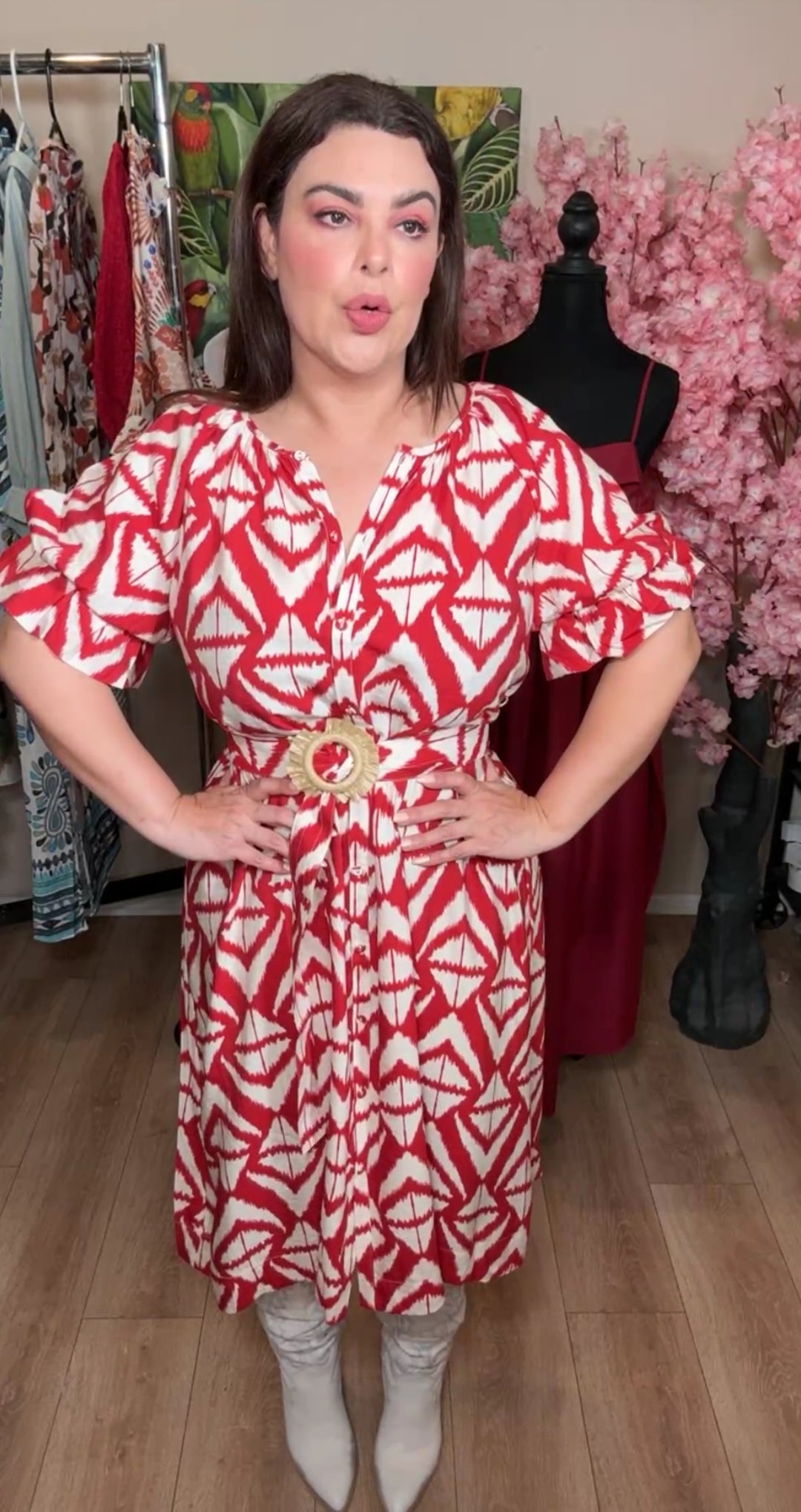 Vestido rojo y blanco cinto rafia midi (#147)