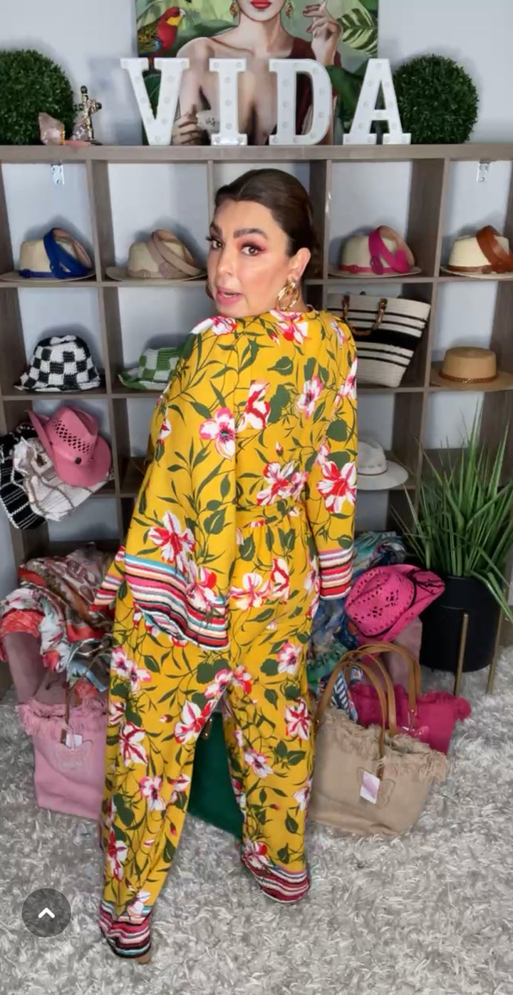 Enterizo Mostaza Floral Palazo con Cinto (#112)