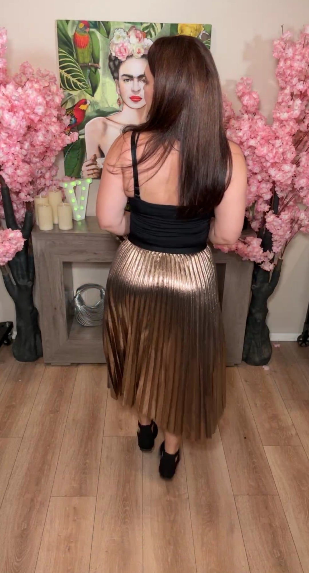 Falda Bronze Plizada Metálica con Cintura Elástica