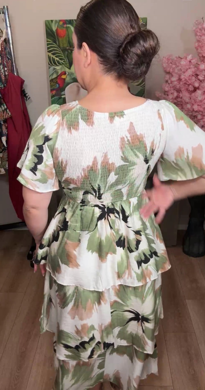 vestido olivo y beige tropical olanes midi (#143)