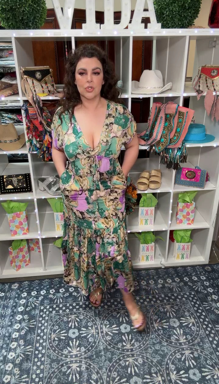 Vestido Morado y Verde Satinado Bohemio Maxi (#177)