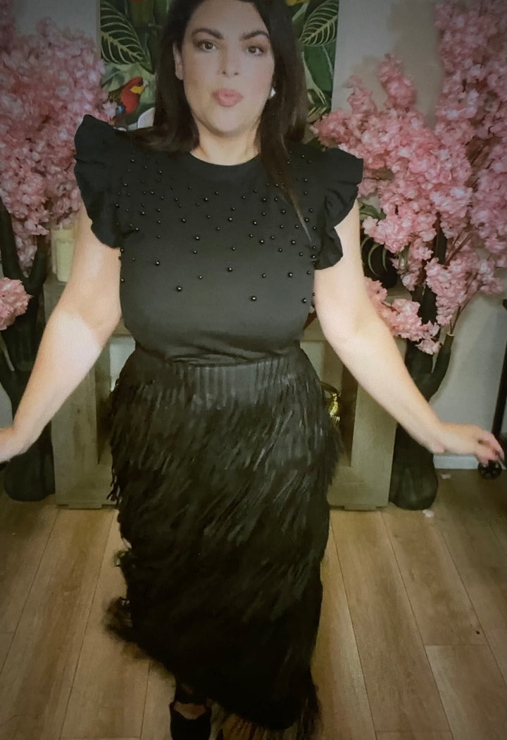Set Negro Falda Barbas y Blusa Perlas All Black Stretch (#126)