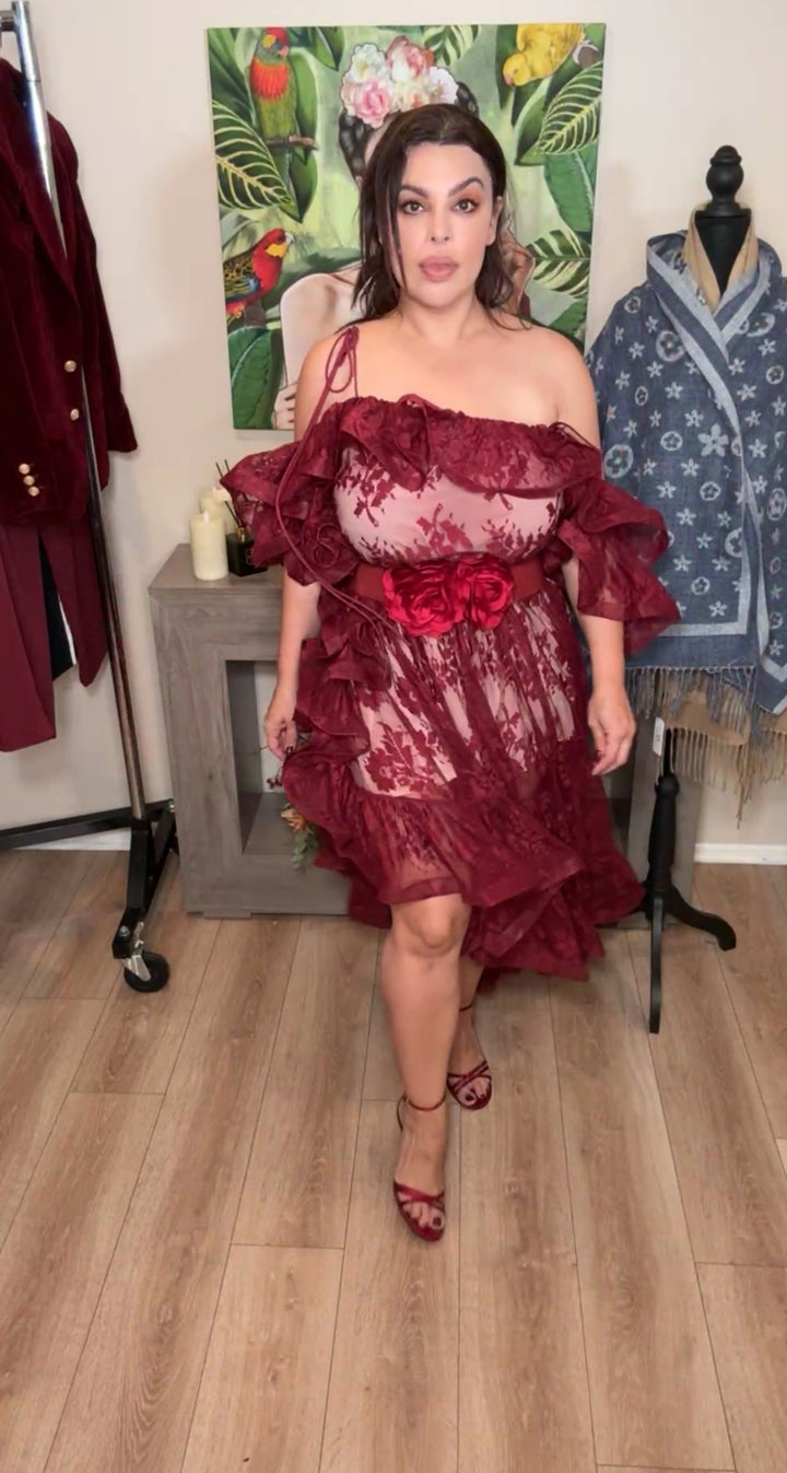 Vestido vino encaje rufleado luxury gala cintura elástica (#145)