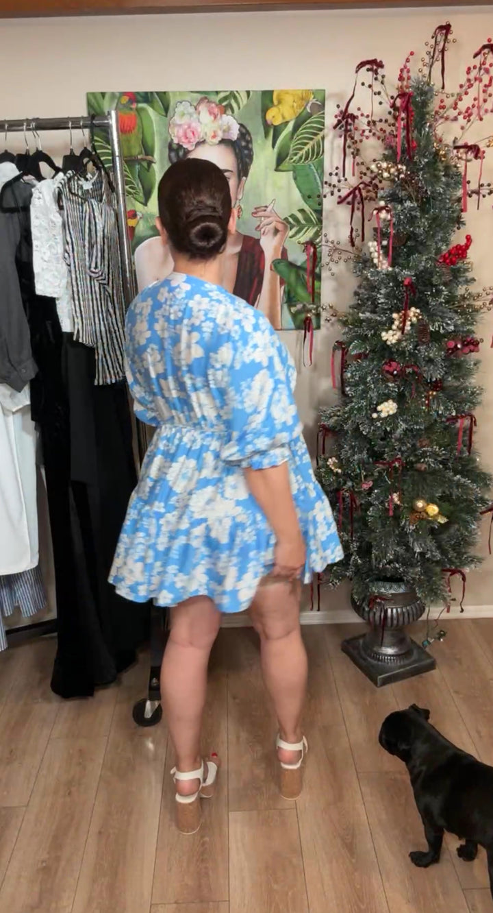 Vestido Azul Flores Blancas Lounge Mini (#135)