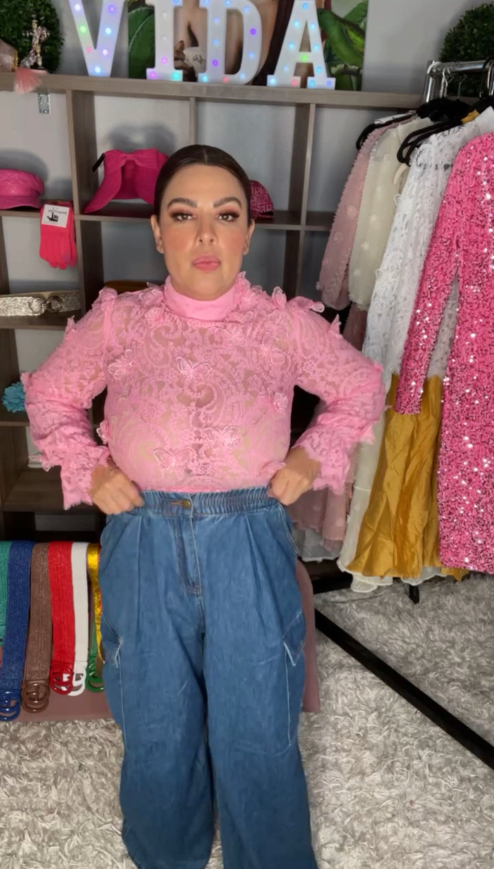 Blusa Rosa Encaje y Mariposas 3D (#102)