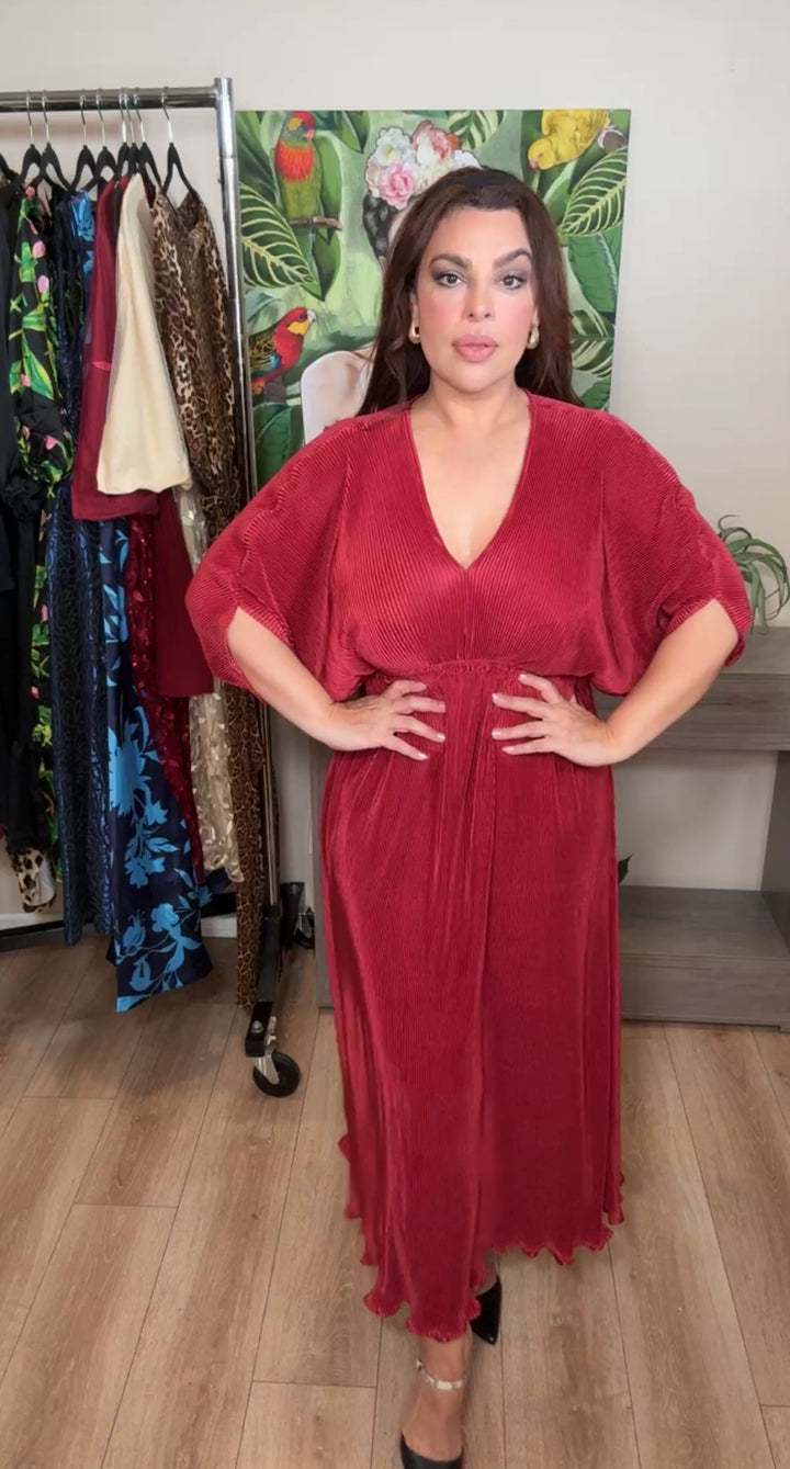 Vestido vino plizado cintura stretch midi (#112)