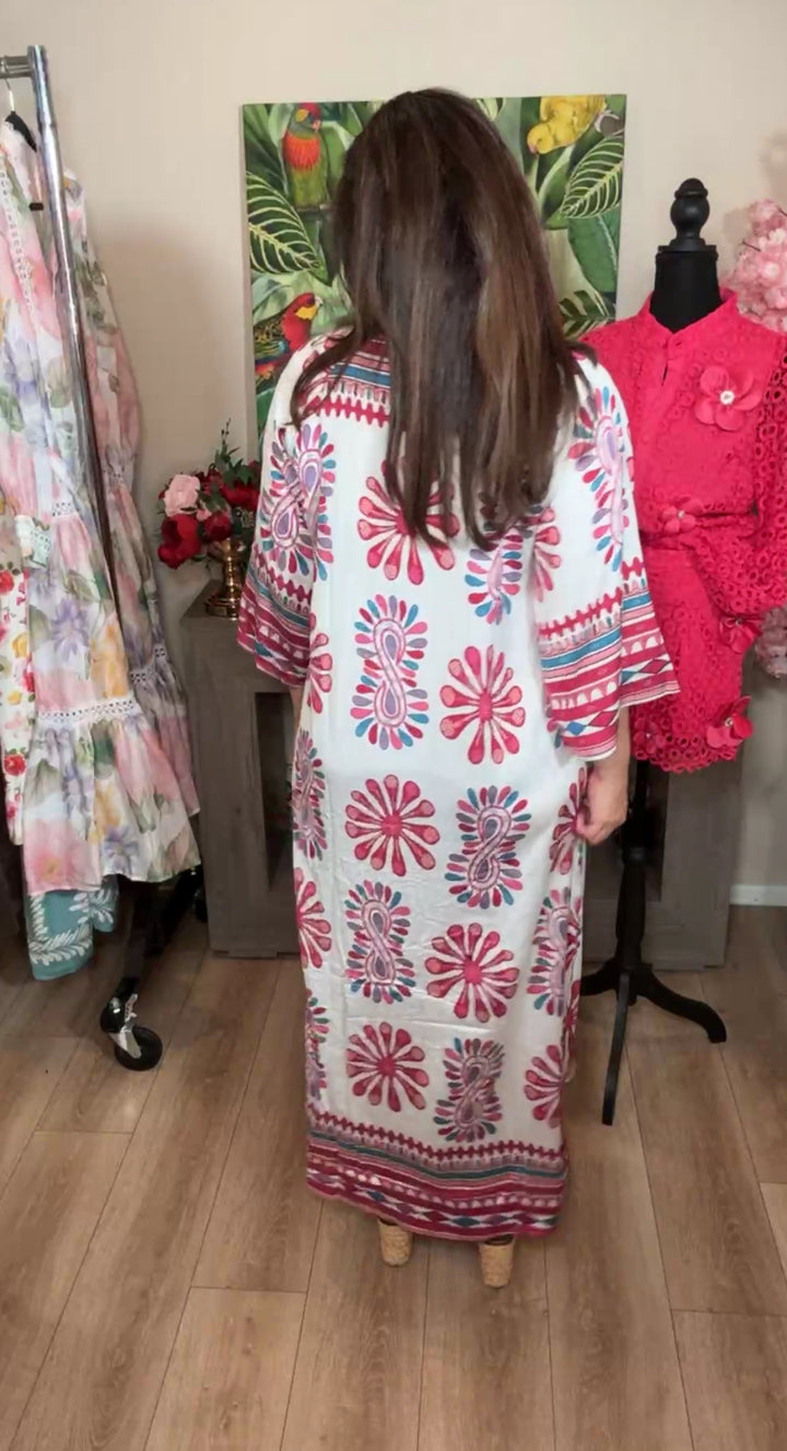 vestido blanco y magenta kaftan satinado maxi (#142)