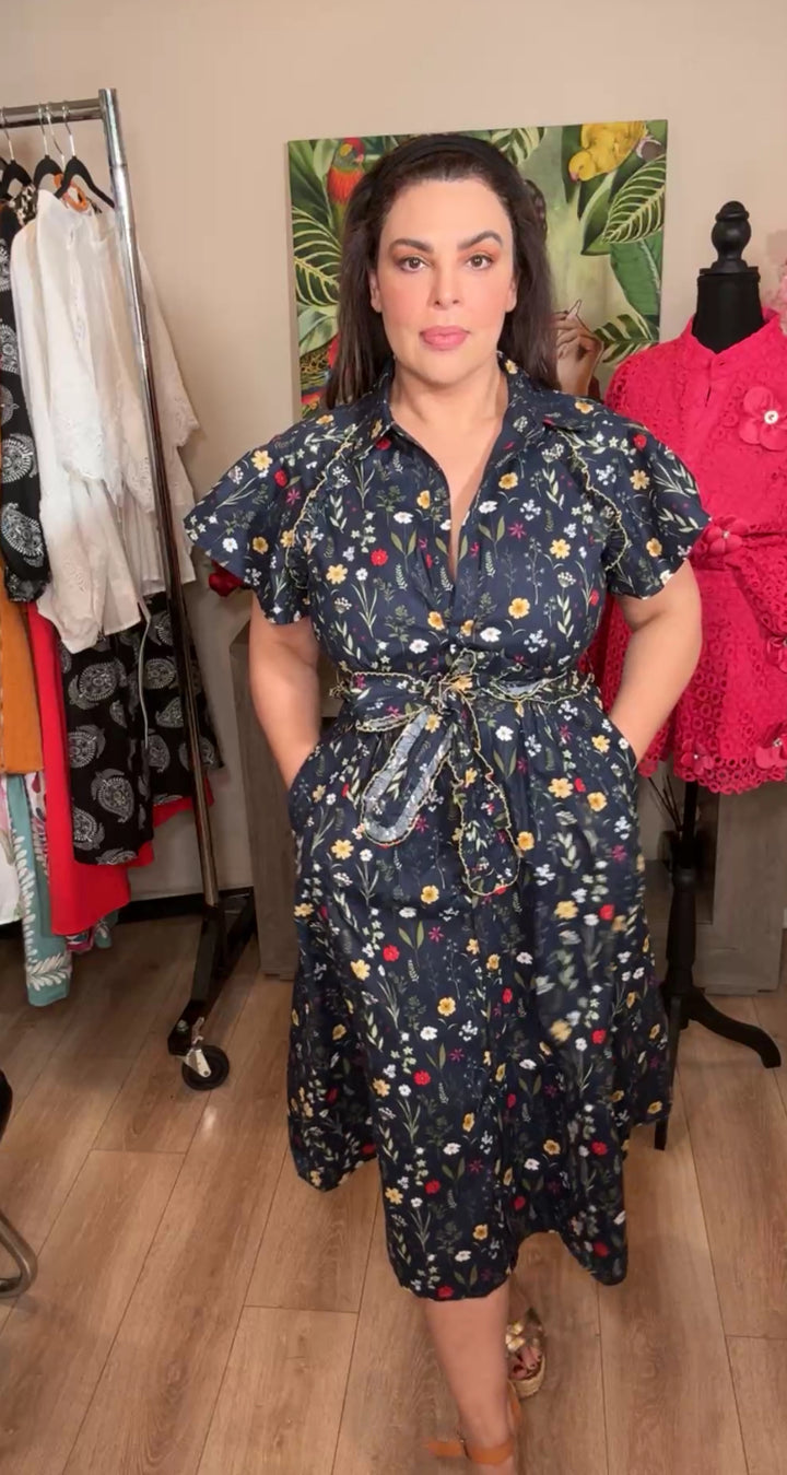 vestido azul marino flor vintage midi (#139)