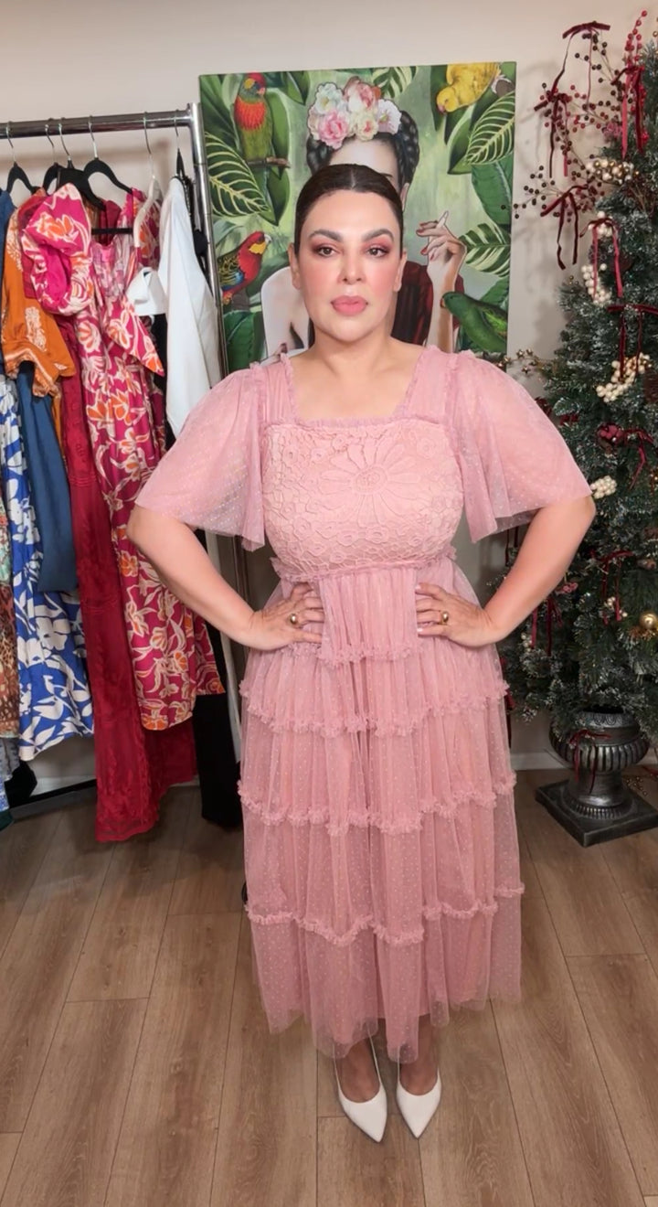 Vestido Mauve Tulle Boleado y Crochet Midi (#131)