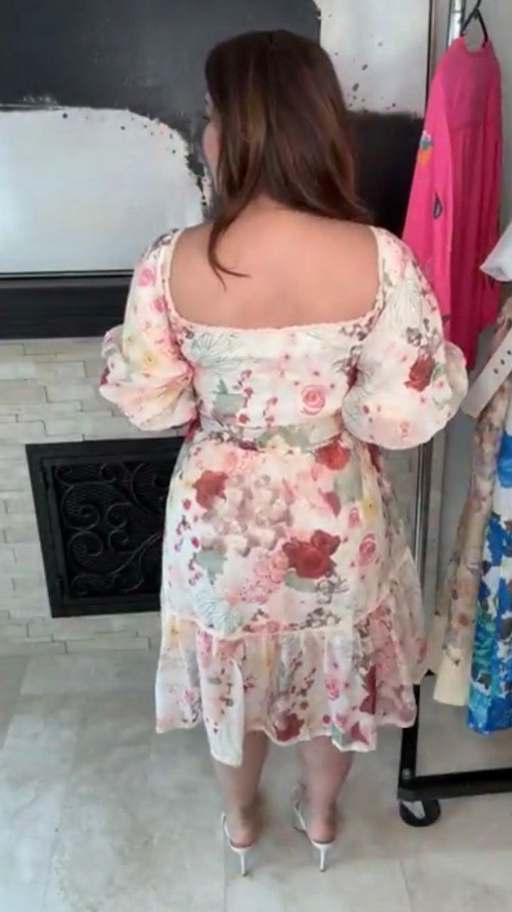 Vestido beige flores rojo intenso vintage con cinto (