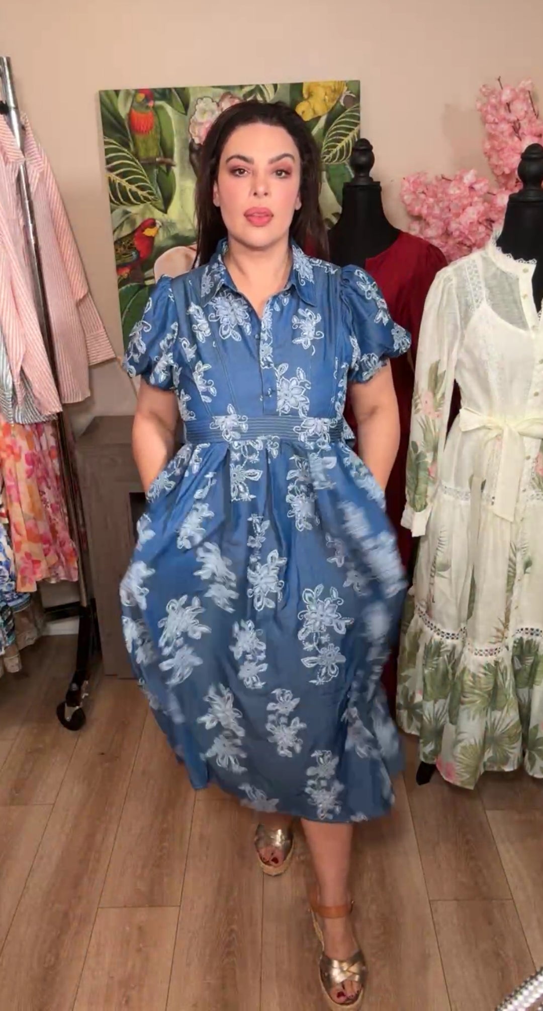 vestido azul denim flores blancas midi (#137)