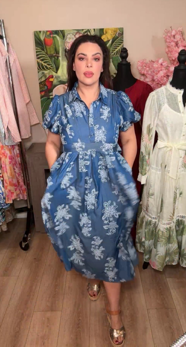 vestido azul denim flores blancas midi (#137)