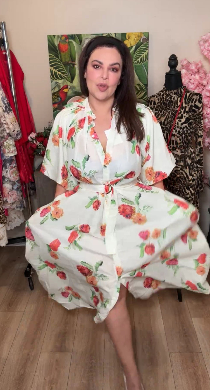 vestido crema flor multi con cinto relax maxi (#127)