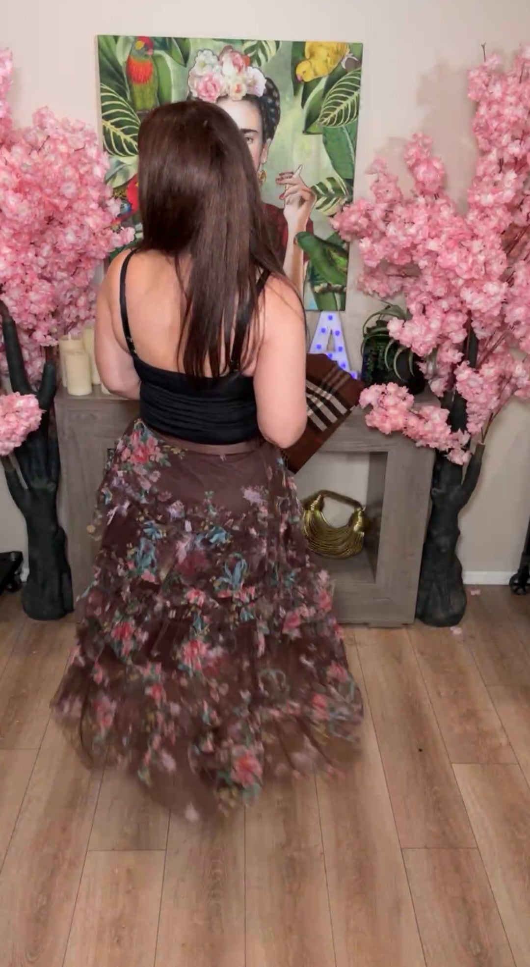 Falda Café Estampado Floral Tulle Stretch (#113)