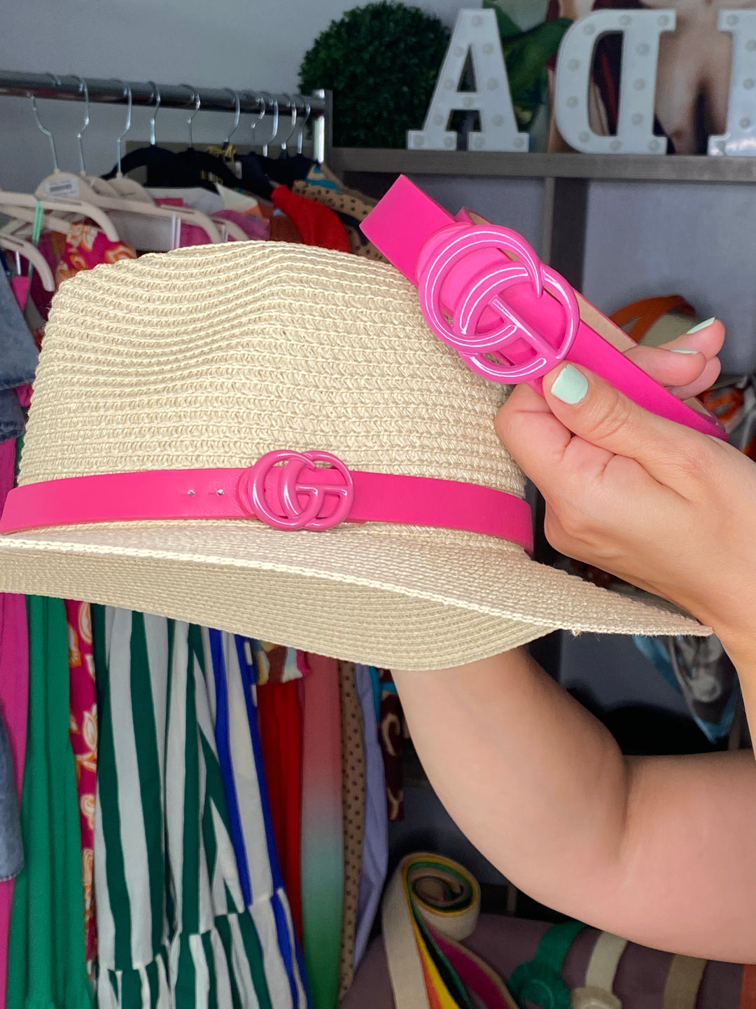 Sombrero Beige Ebilla Rosa GG Set con Cinto (#222)