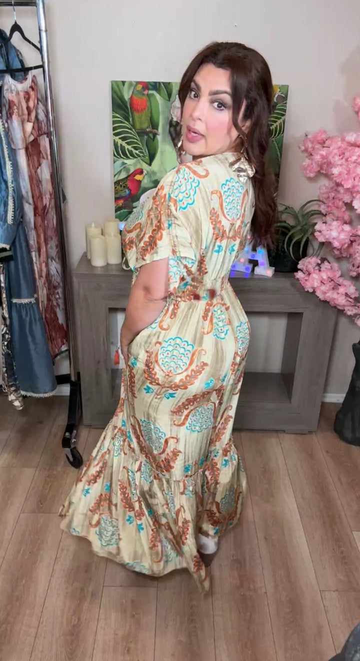 Vestido verde sage y marrón flowy estilo moroccan (#157)