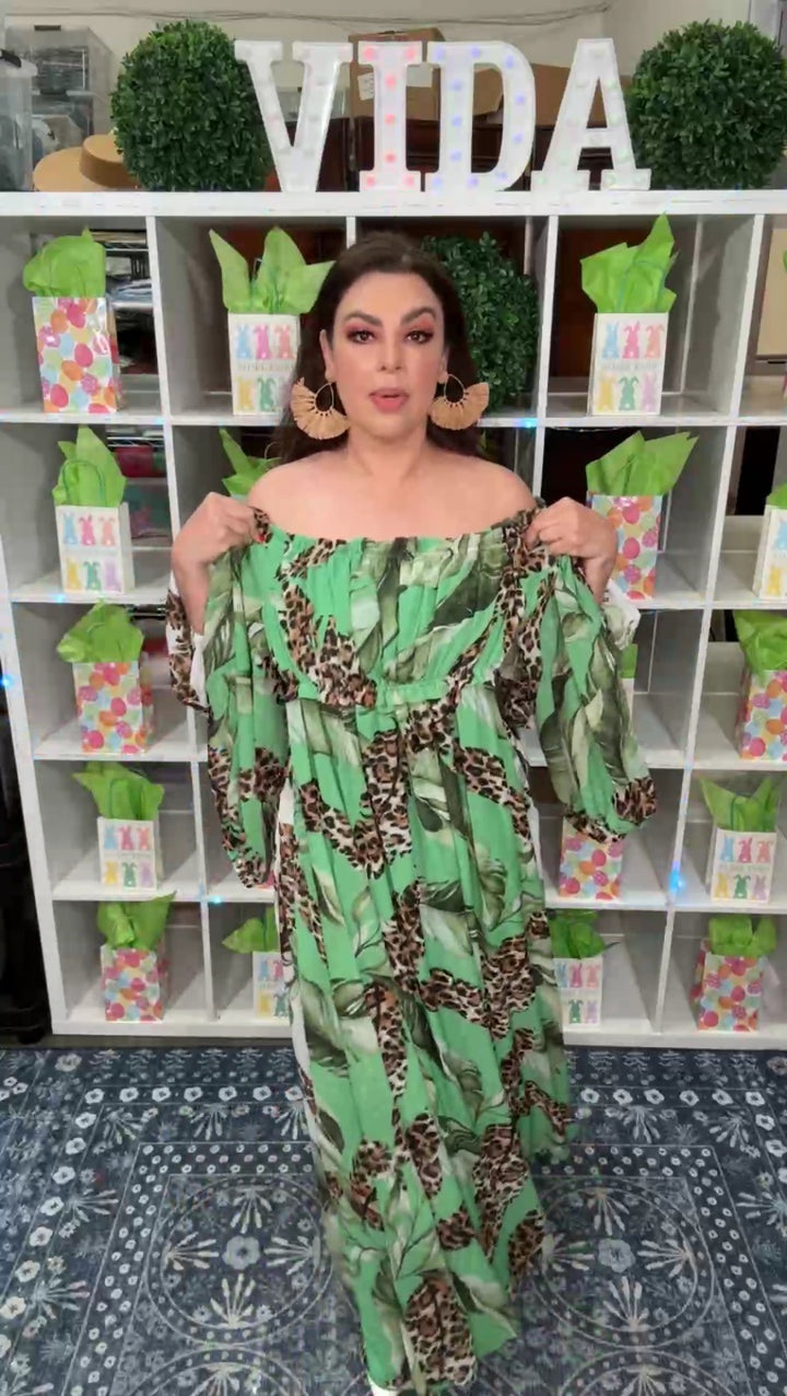 Vestido Verde Tropical Estampado Leopardo Mochas Maxi (#167)