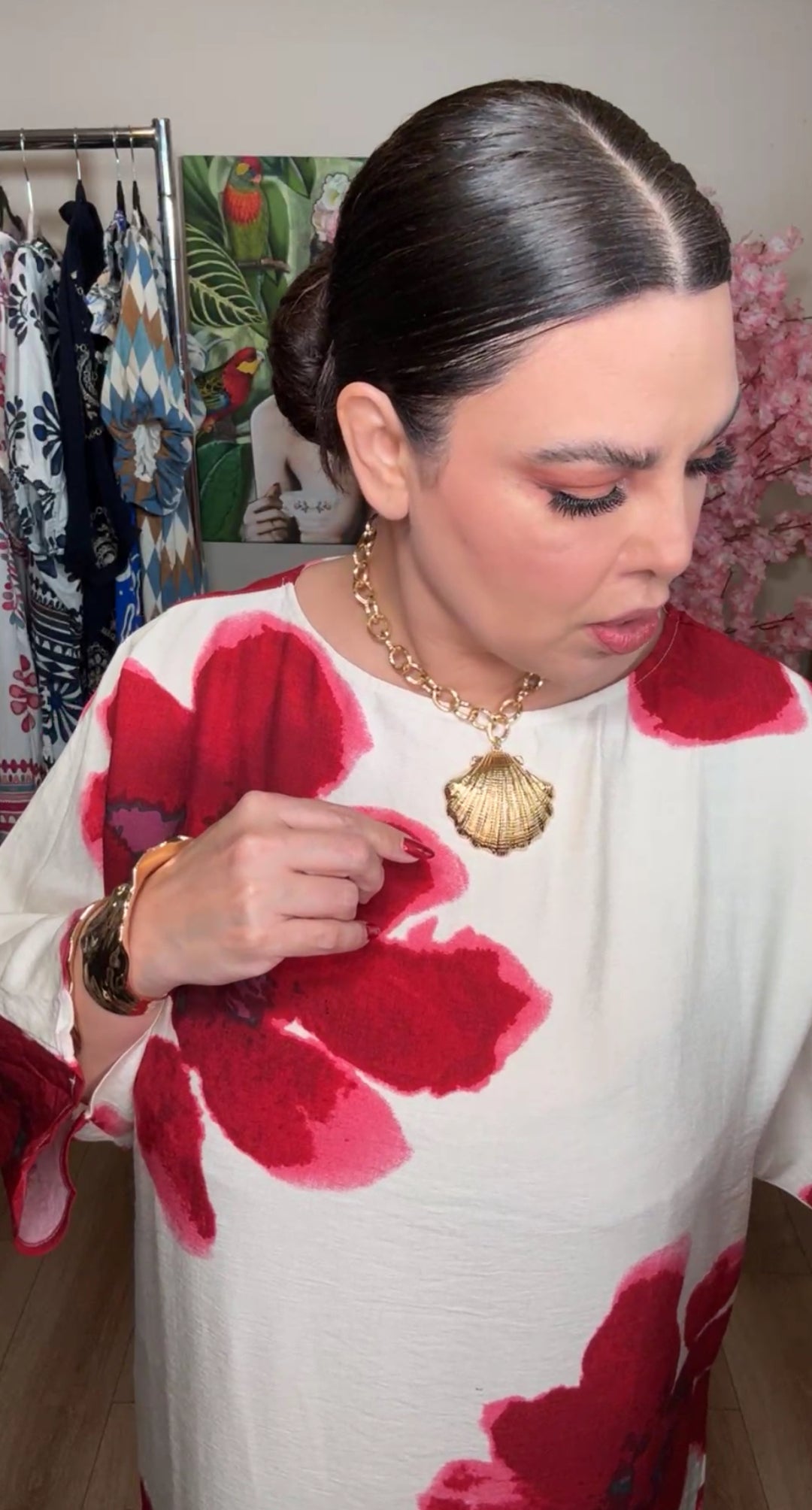 Vestido beige flores rojo intenso túnica midi (#152)