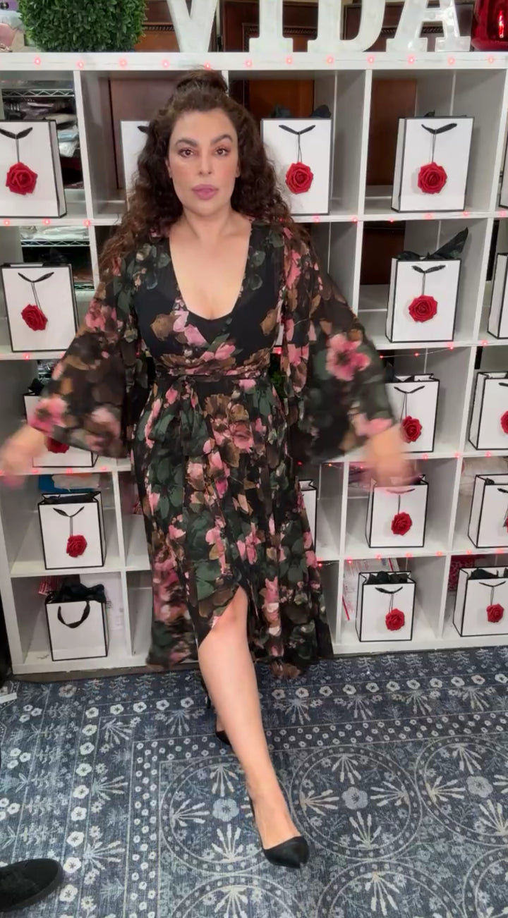 Vestido Negro Flores Rosa Wrap Midi (#406)