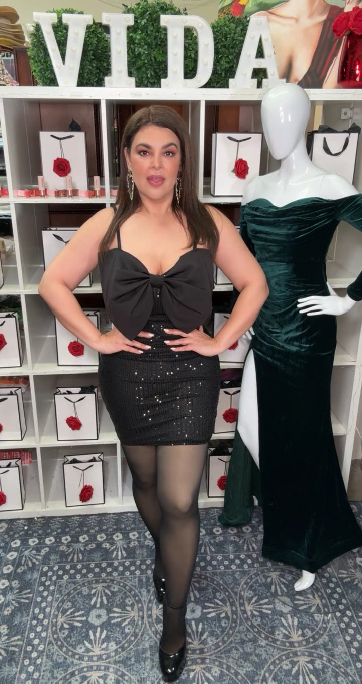 Vestido Negro Lentejuela Moño (#409)