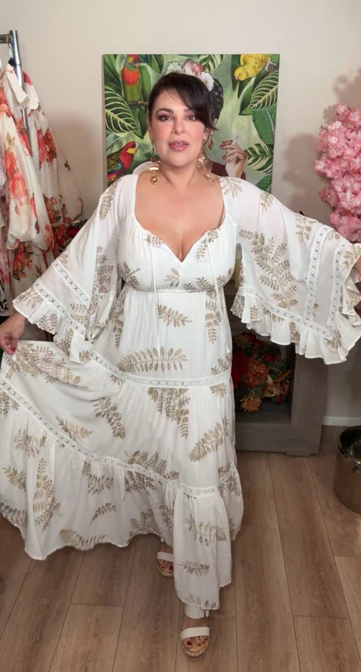 Vestido blanco manta bordado oro cintura stretch maxi (#125)
