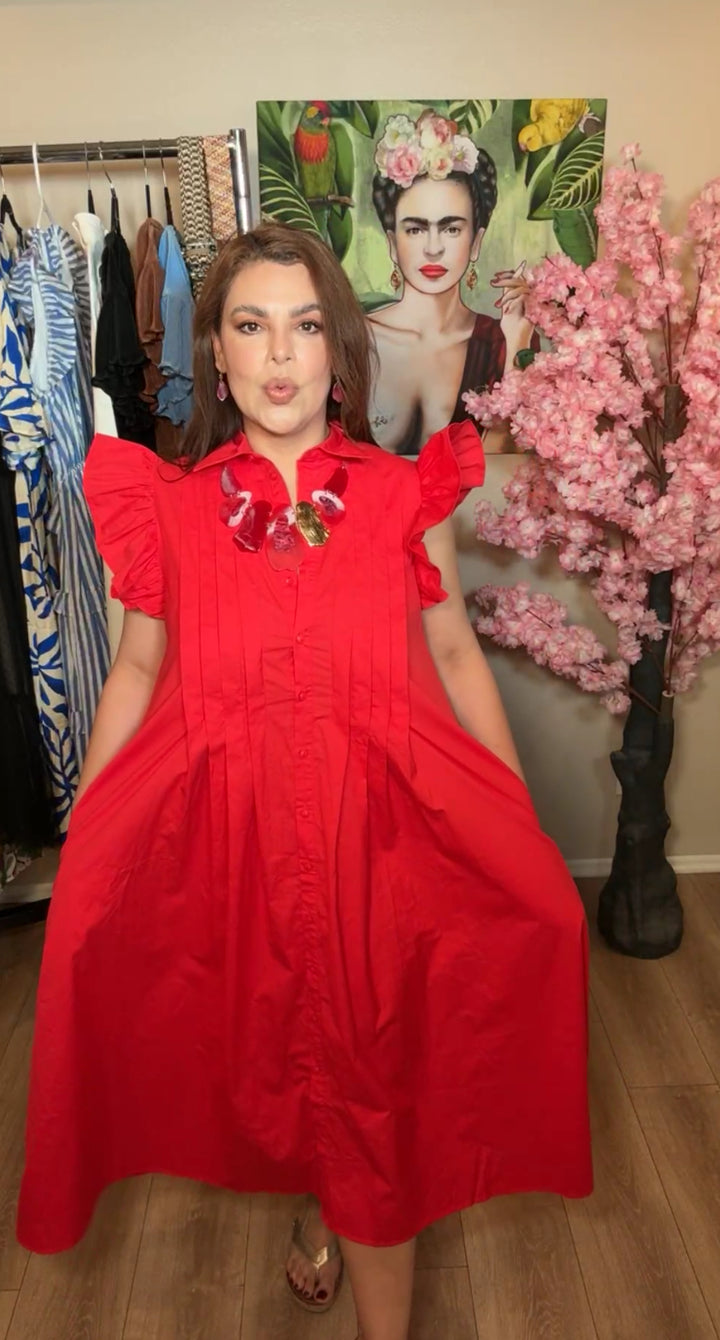 Vestido Rojo Plizado Algodón Y Cinto Midi Princesa (#156)