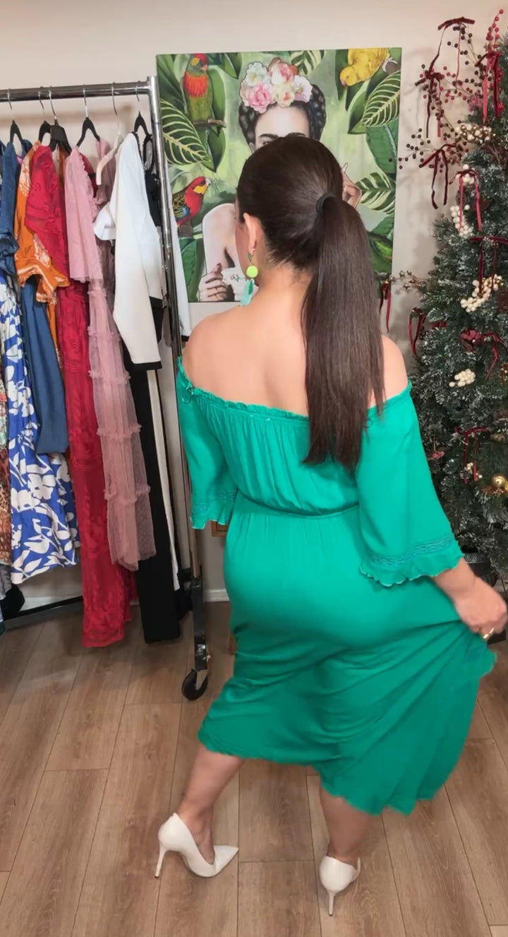 Vestido Verde Esmeralda Vaporoso Cintura Elastica Midi (#134)
