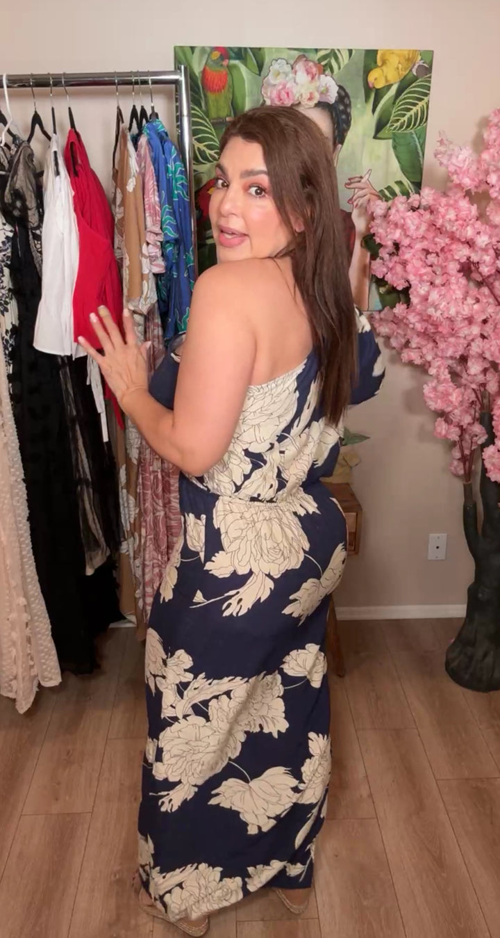 Vestido Azul Y Beige Floral One Shoulder Maxi (#163)
