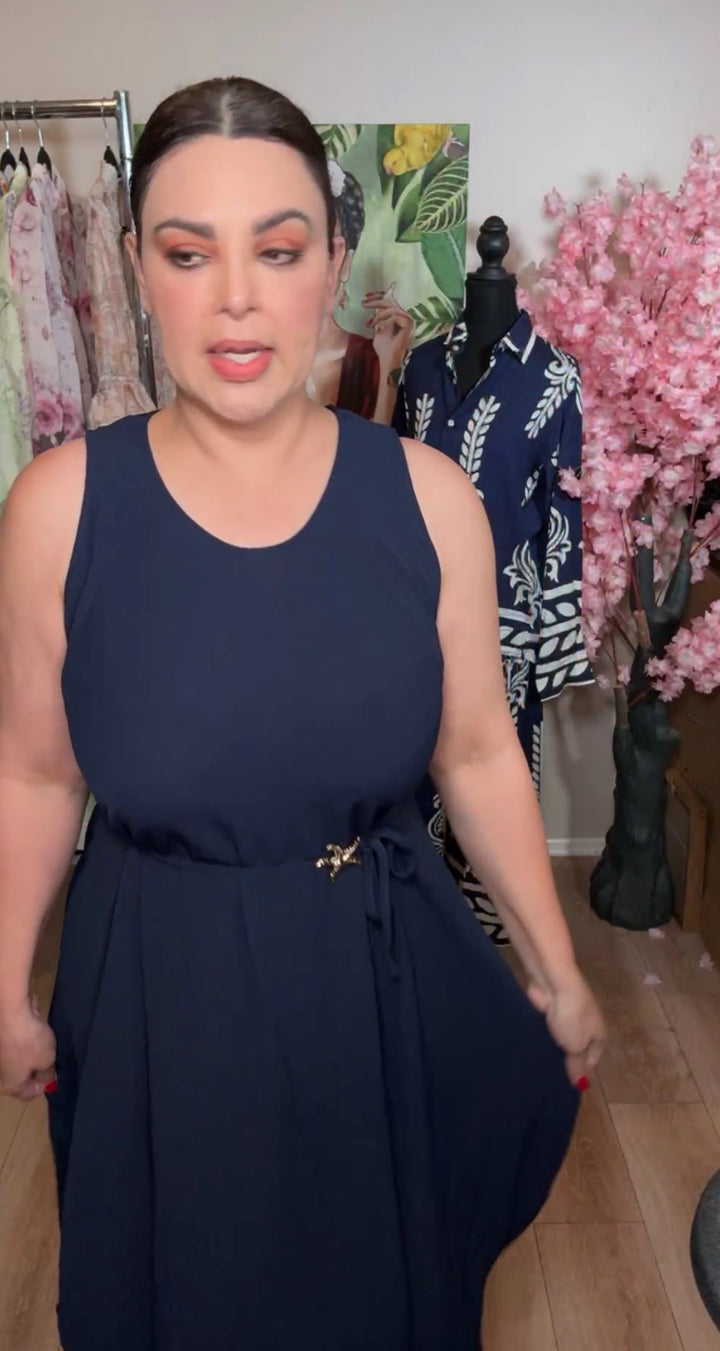 Vestido azul prendedor estrella de mar oro midi