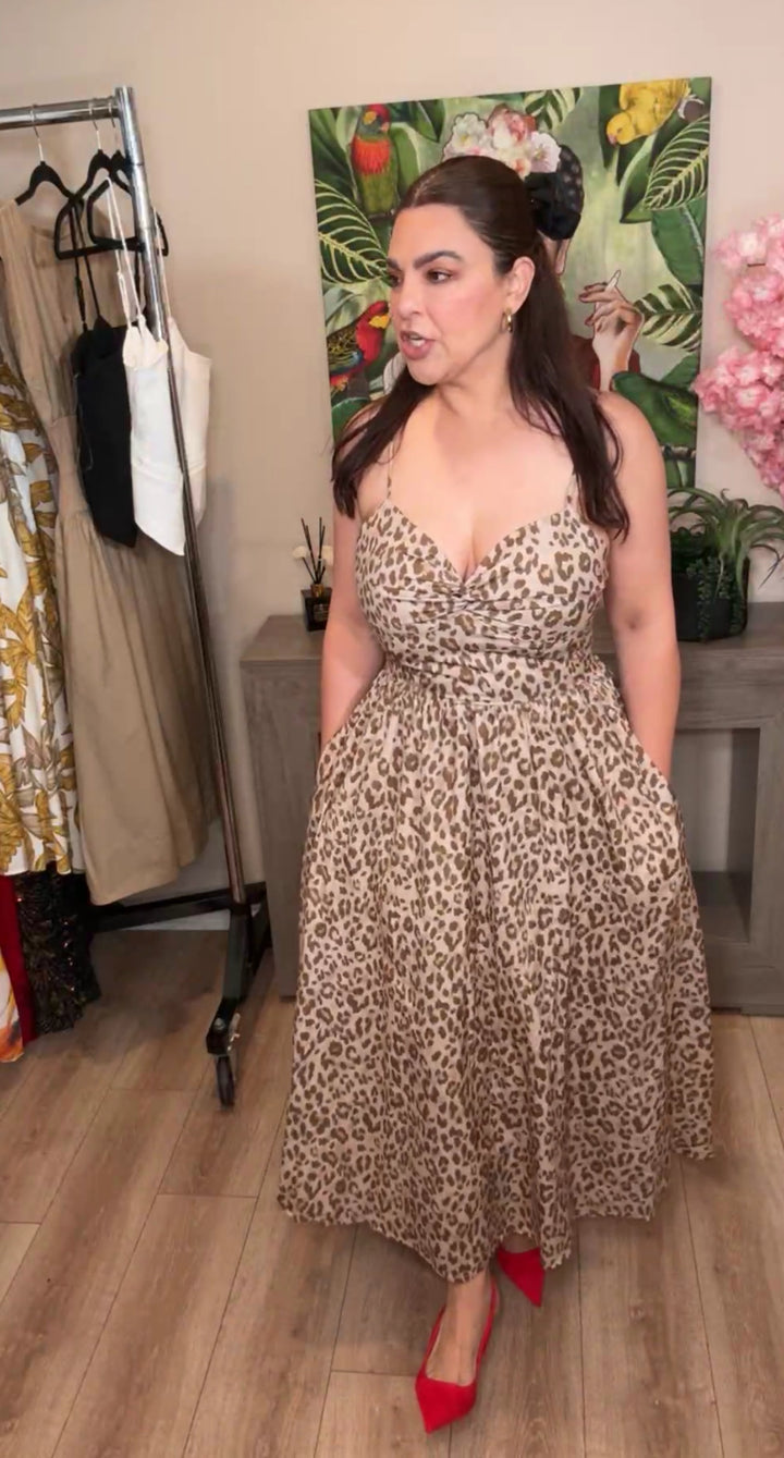 Vestido Mocha Y Chocolate Leopardo Busto Crossed Con Bolsas Midi (#114)