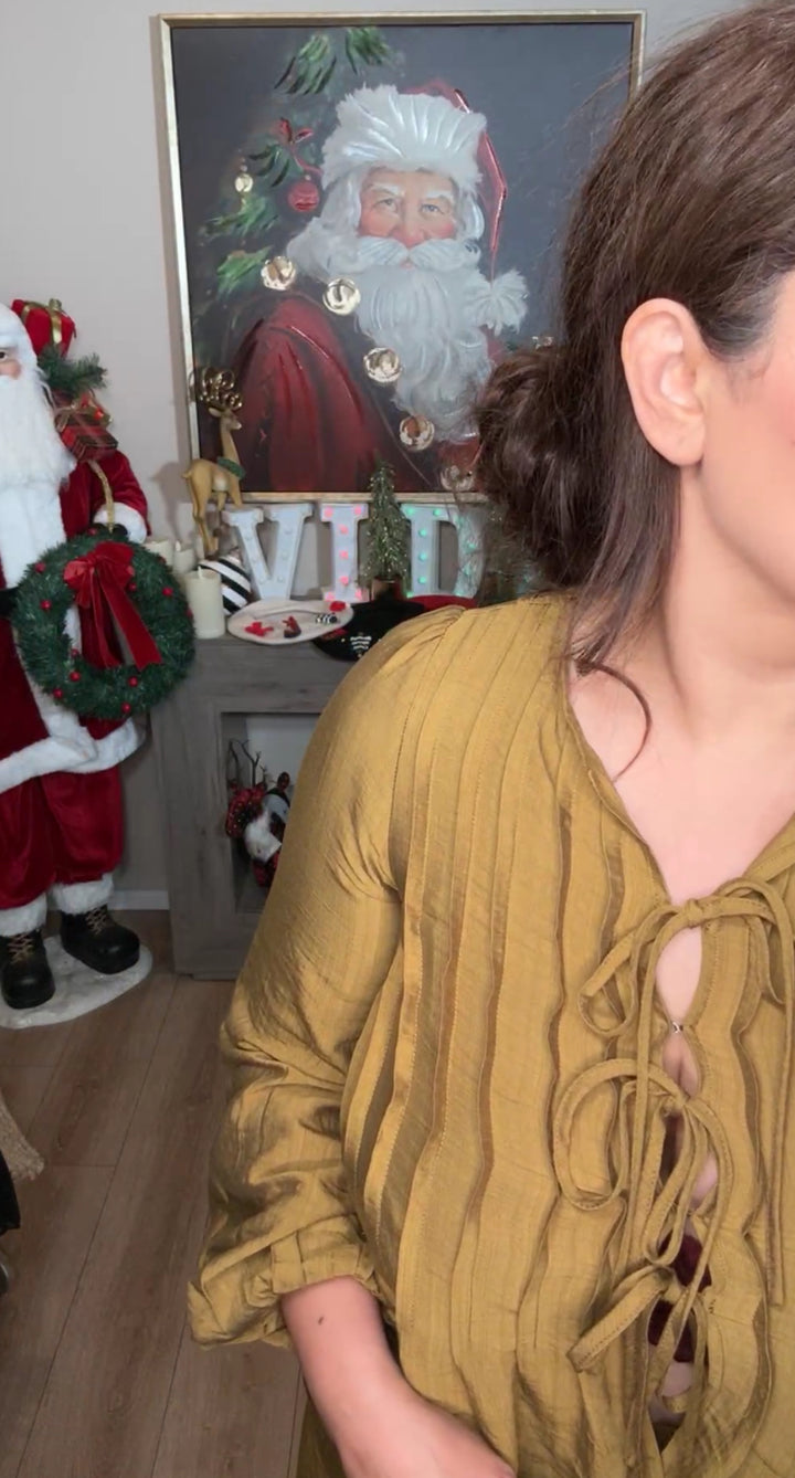 Set mostaza intenso satinado top moños y pantalón palazo (#128)