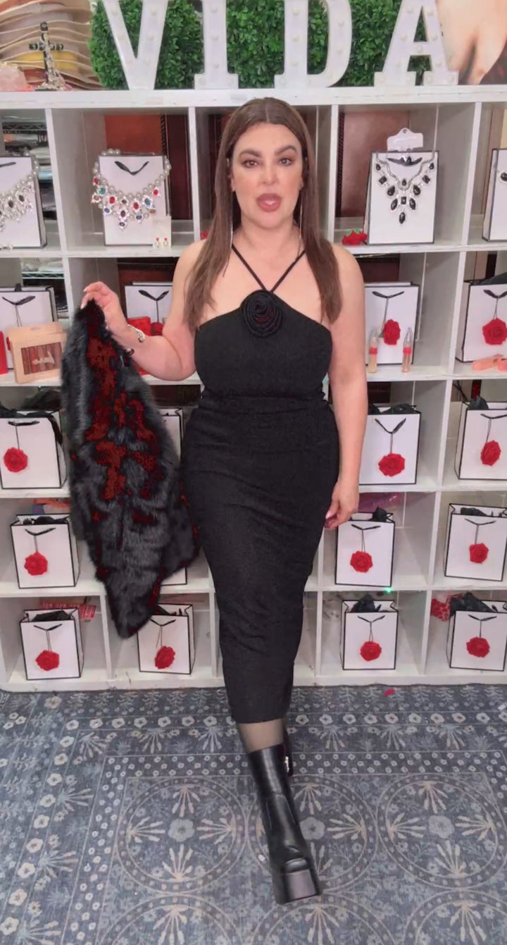 Vestido Negro Metalico Flor Halter (#166)
