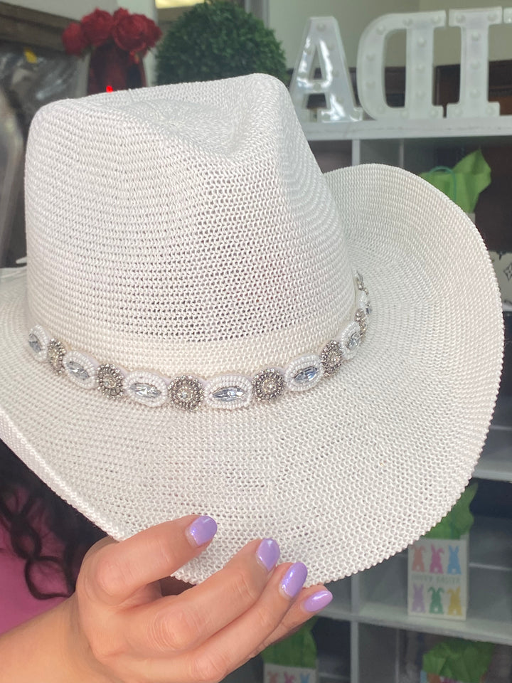 Sombrero Blanco Cinta Piedra Turqueza y Clear (#191)