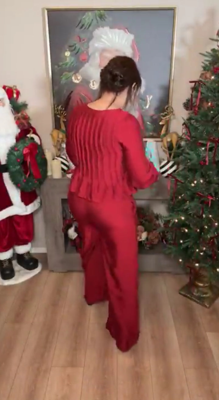 Set guinda satinado top moños y pantalón palazo (#127)