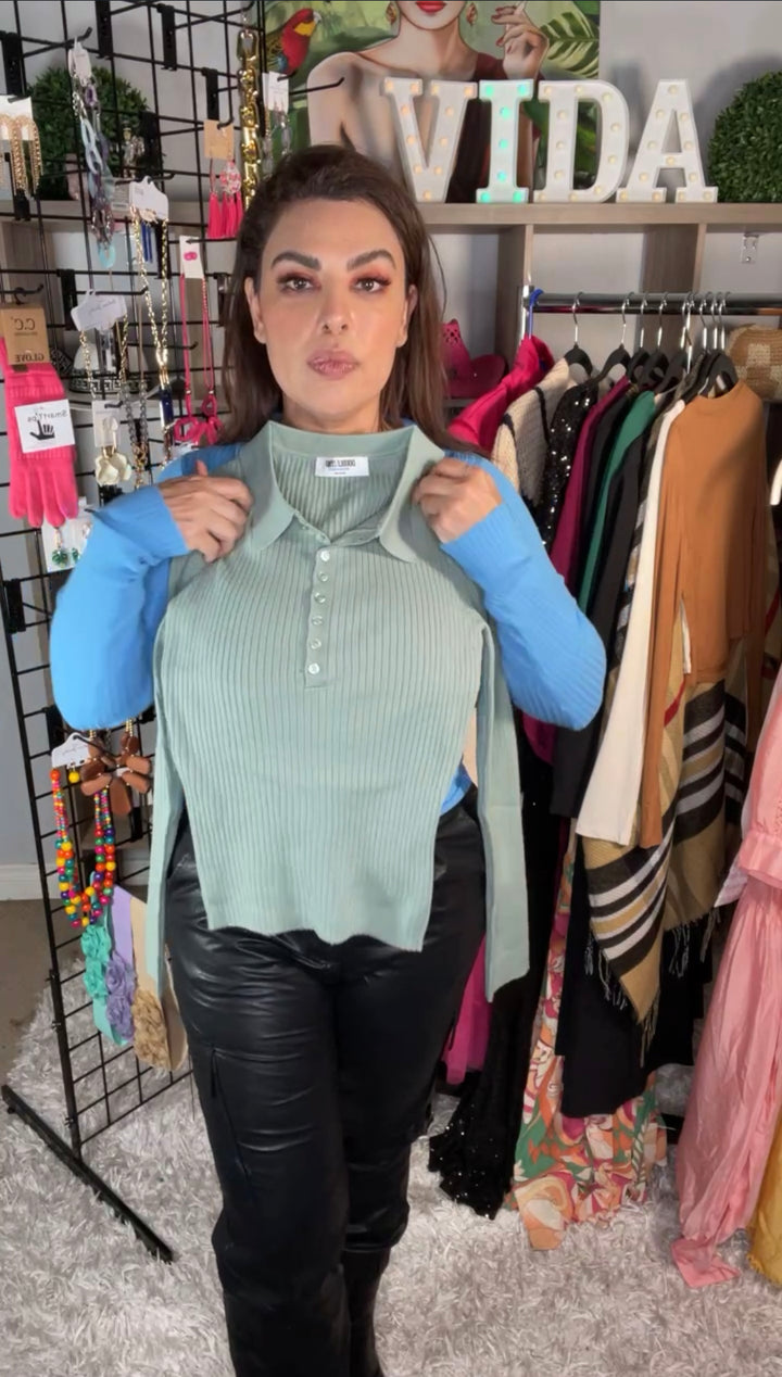 Blusa Verde Menta Tejida Abotonada Colegiala