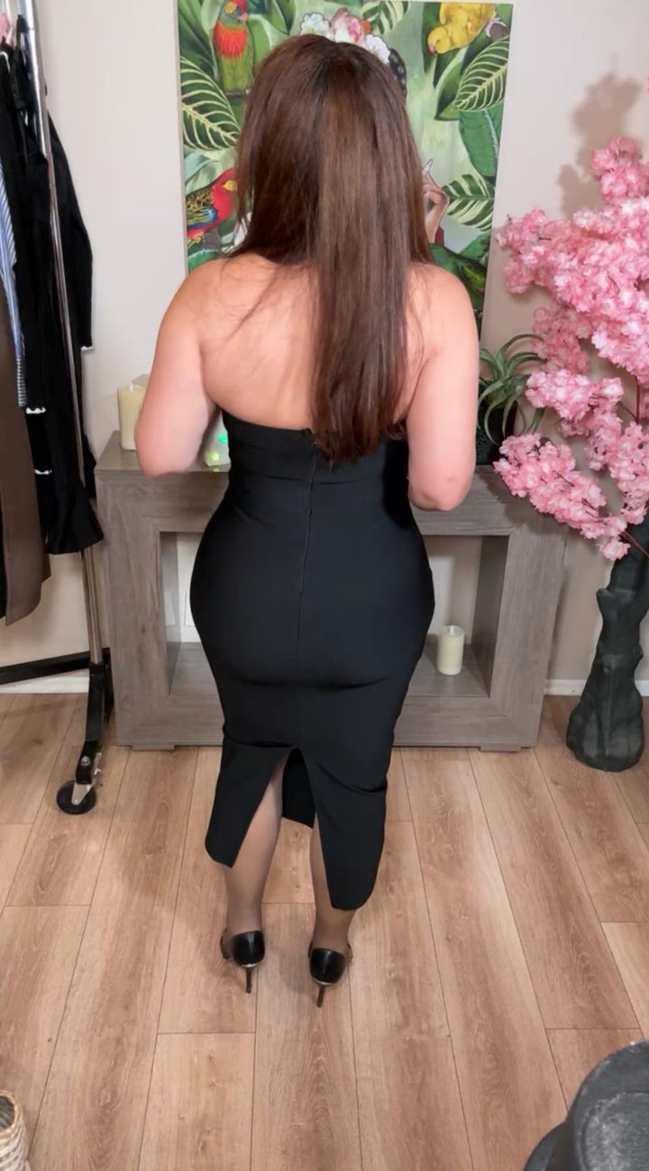 Vestido negro bandage pedrería midi Herve (#140)