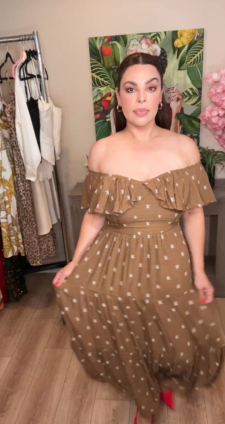 Vestido Cafe Moños Beige Bordados Midi (#151)