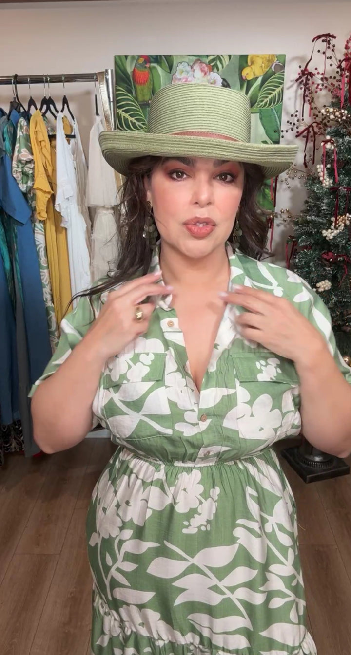 Vestido Verde y Crema Flor Lino Con Bolsas Midi (#138)