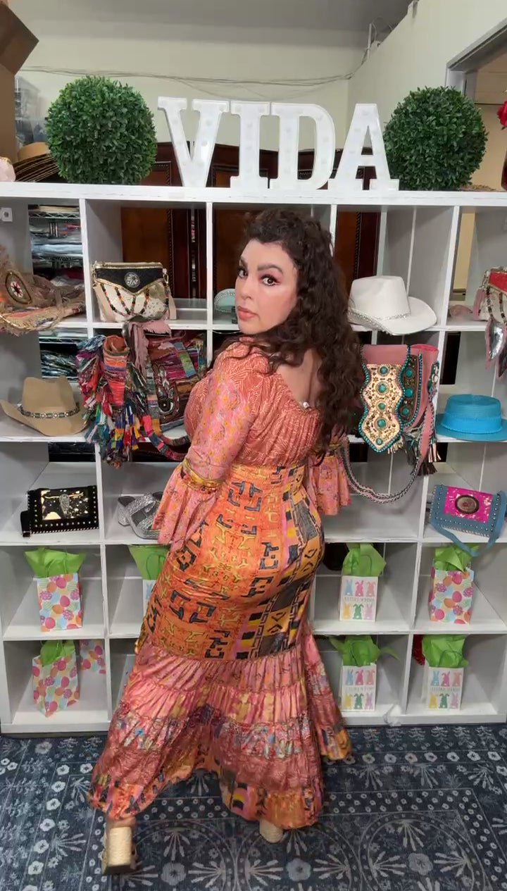 Vestido Naranja Cintura Stretch Bohemio Maxi (#129)