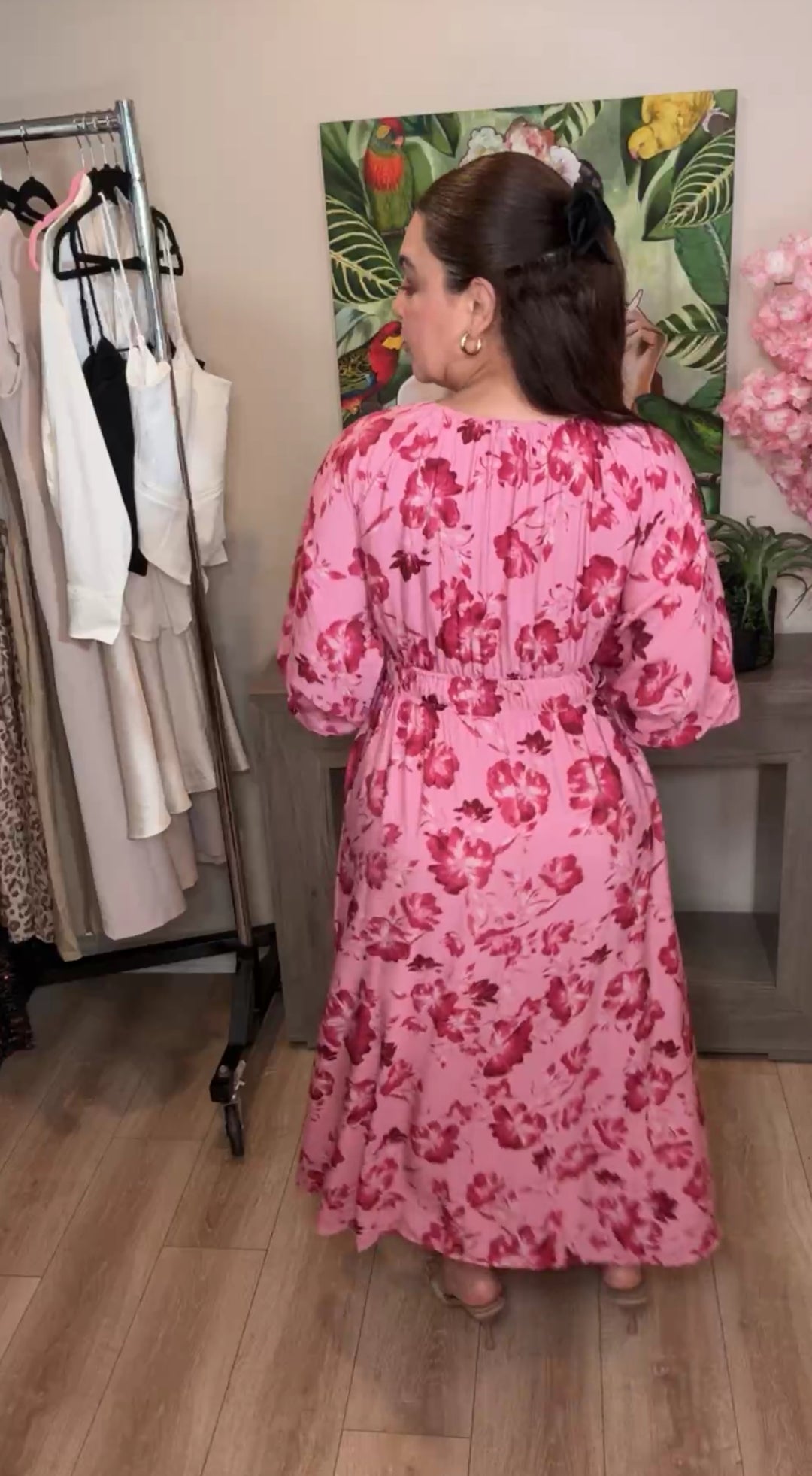 Vestido Rosa Con Vino Floral Midi (#154)