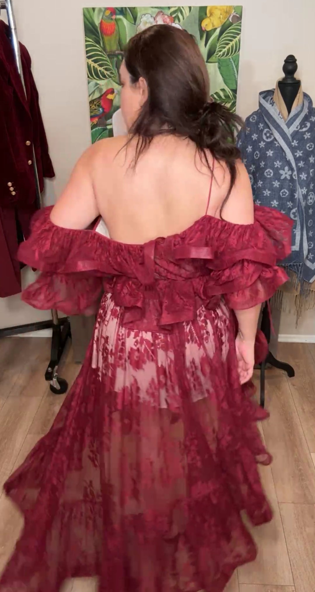 Vestido vino encaje rufleado luxury gala cintura elástica (#145)