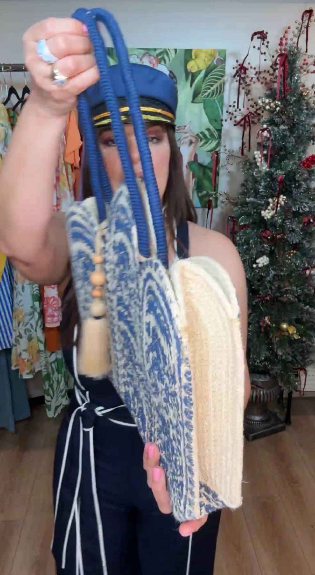 Bolsa Beige y Azul Marino Indu Pom Pom (#128)