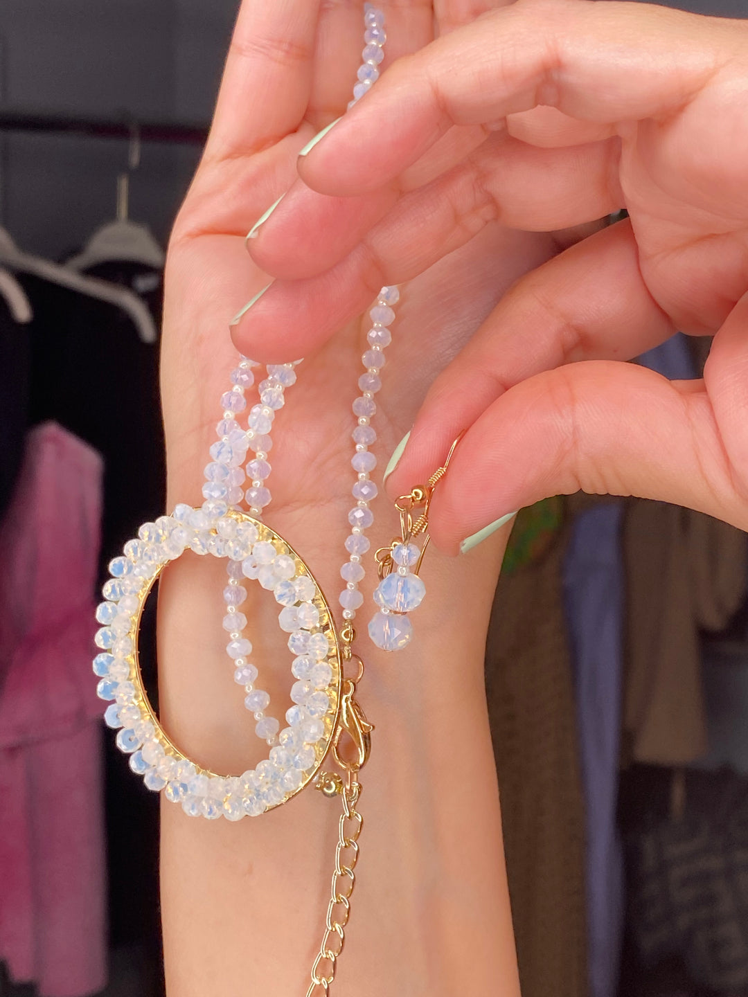 Collar Piedra Clear Dije Circular Set (#193)