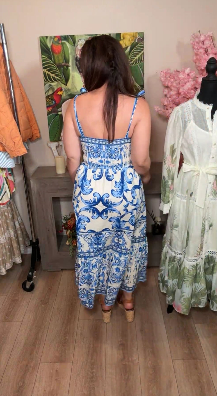 vestido azul y blanco Santorini maxi (#150)