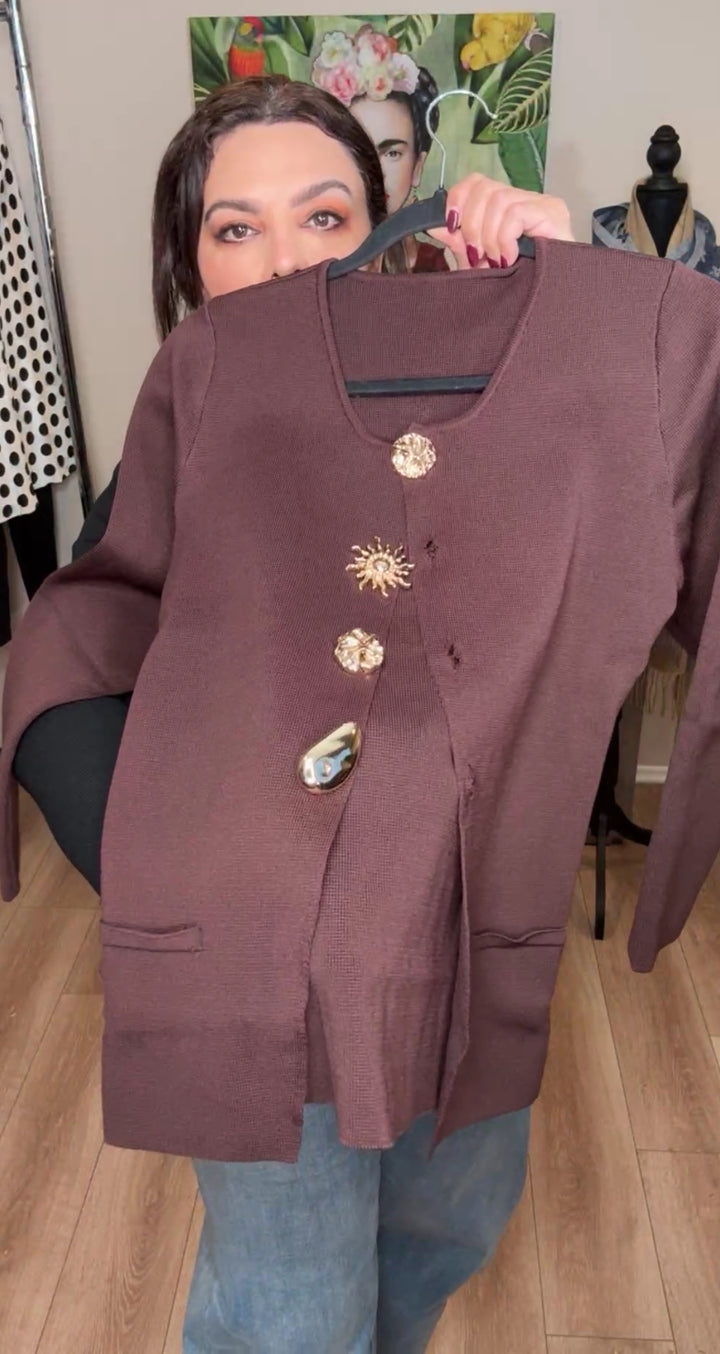 Blazer chocolate stretch botones dorados exótico (#106)