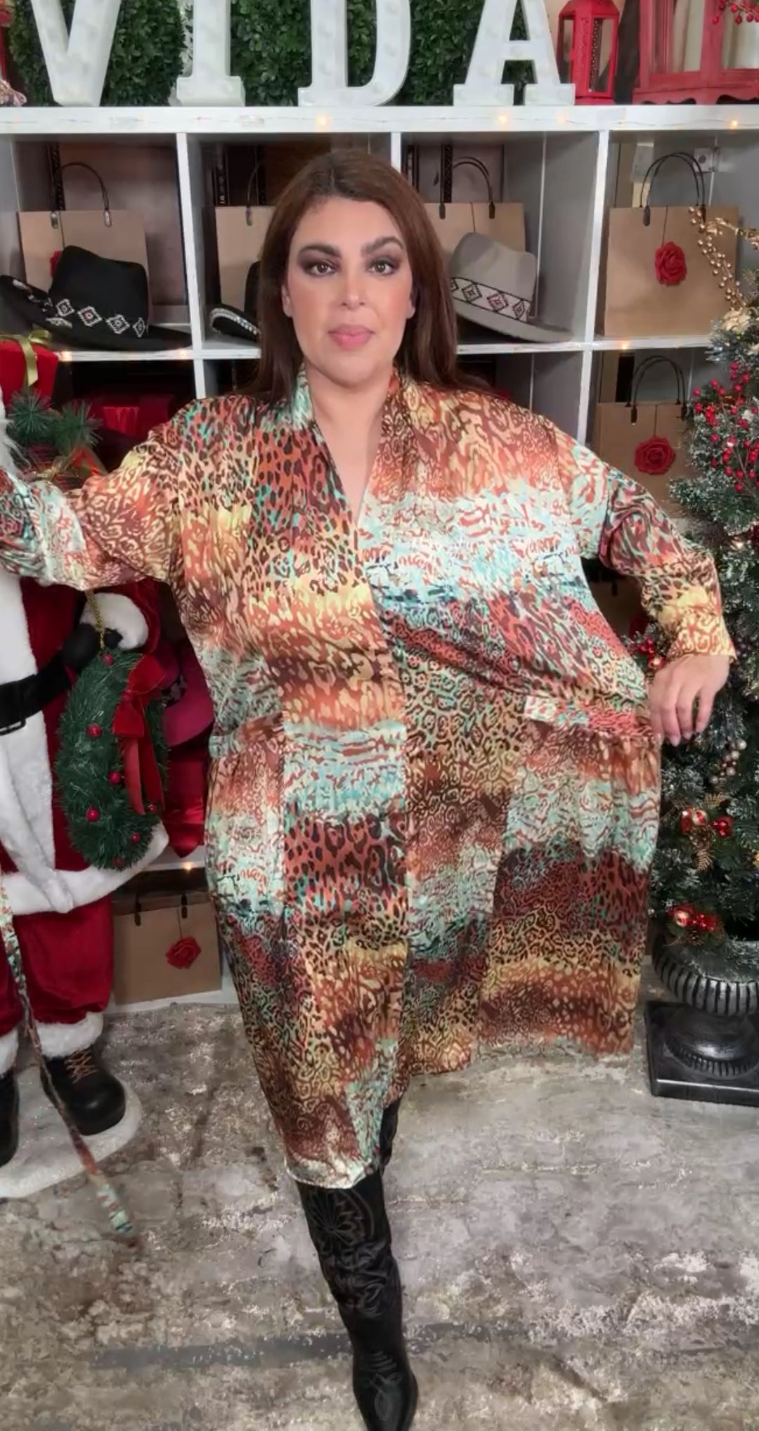 Vestido Marron Con Menta Sobre Leopardo Midi Suelto Con Cinto (#392)
