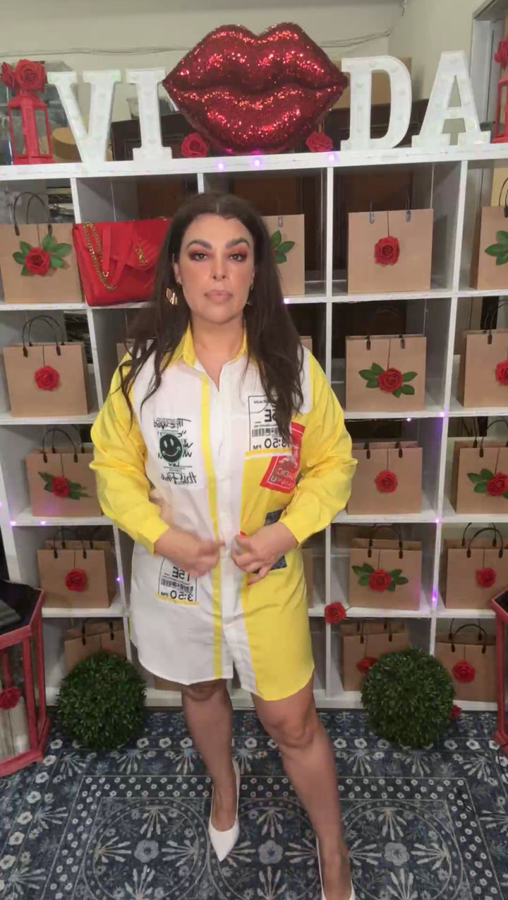 Vestido Amarillo y Blanco Parches Estilo Camisa (#338)
