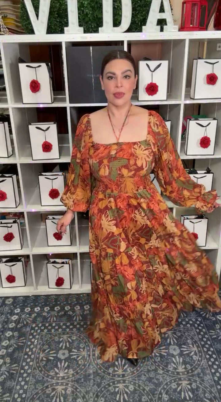 Vestido Terracota Tono Otoñales Floral Maxi Top Elastico