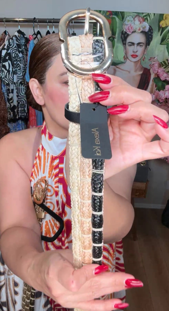 Cinto Negro Y Natural Rafia Luxury Hebilla Dorada (#117)